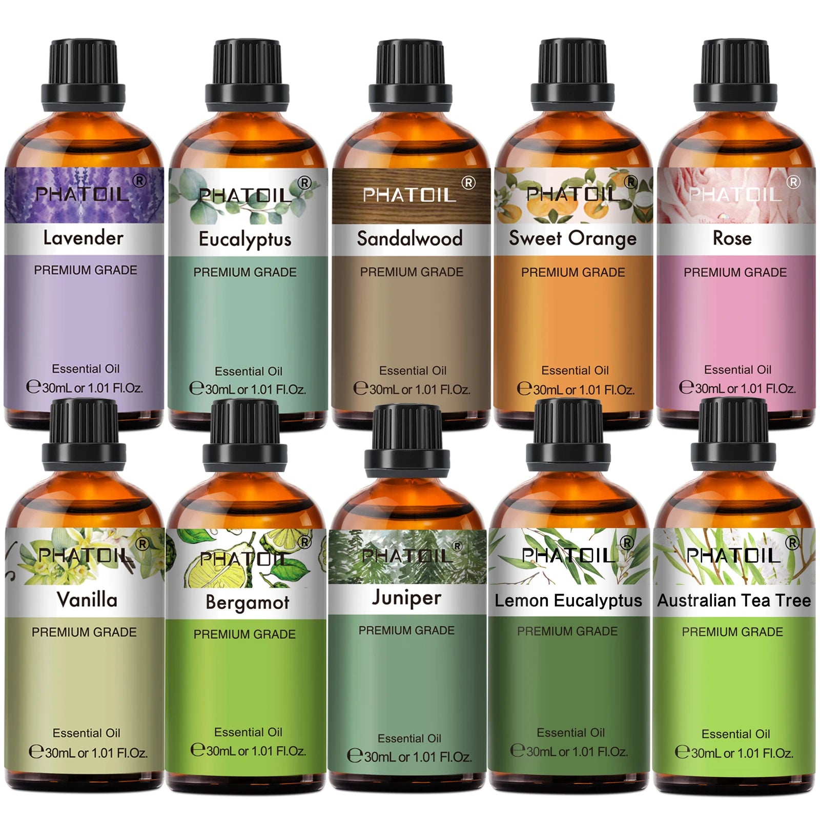 PHATOIL 1PCS Aromatherapy Essential Oil 30ml Lemon Eucalyptus Lavender Bergamot Jasmine Juniper Rose Vanilla Aroma Essential Oil