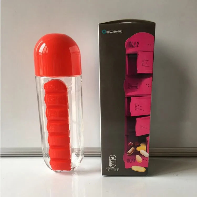 Portable Water Bottle with Built-in Pill Box