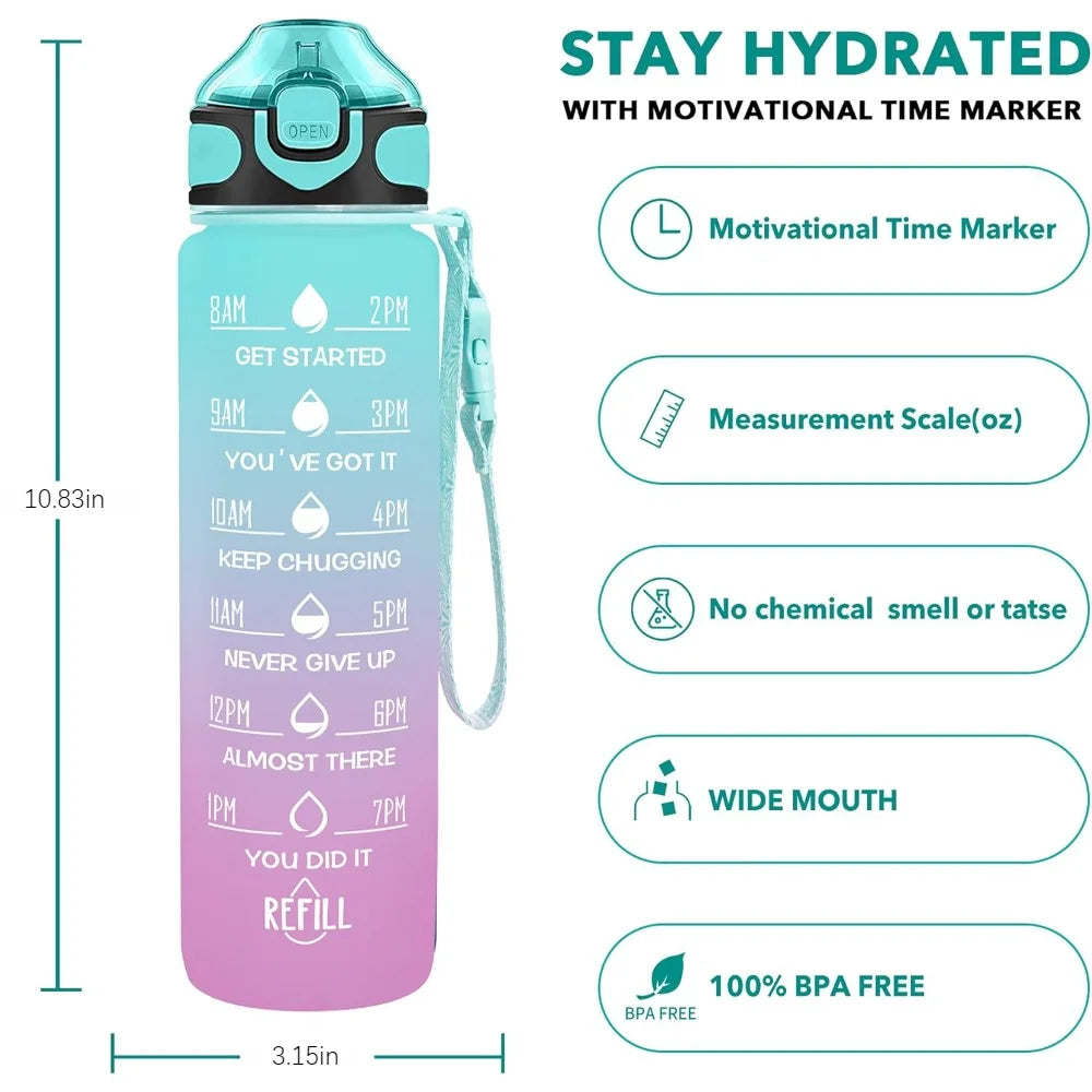 Water Bottle with Times to Drink and Straw