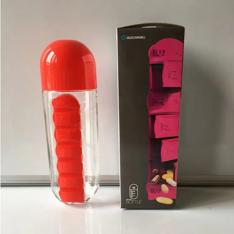 Portable Water Bottle with Built-in Pill Box