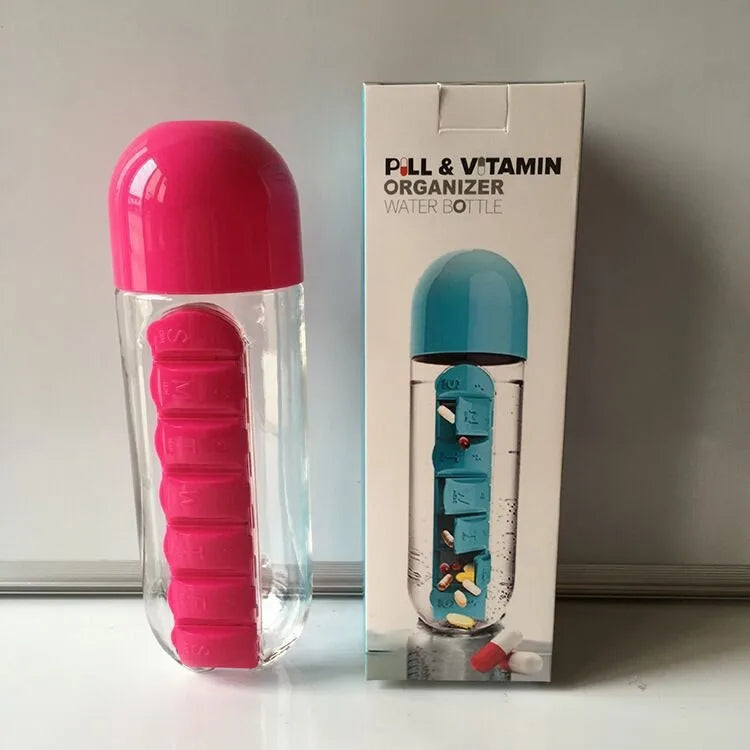 Portable Water Bottle with Built-in Pill Box