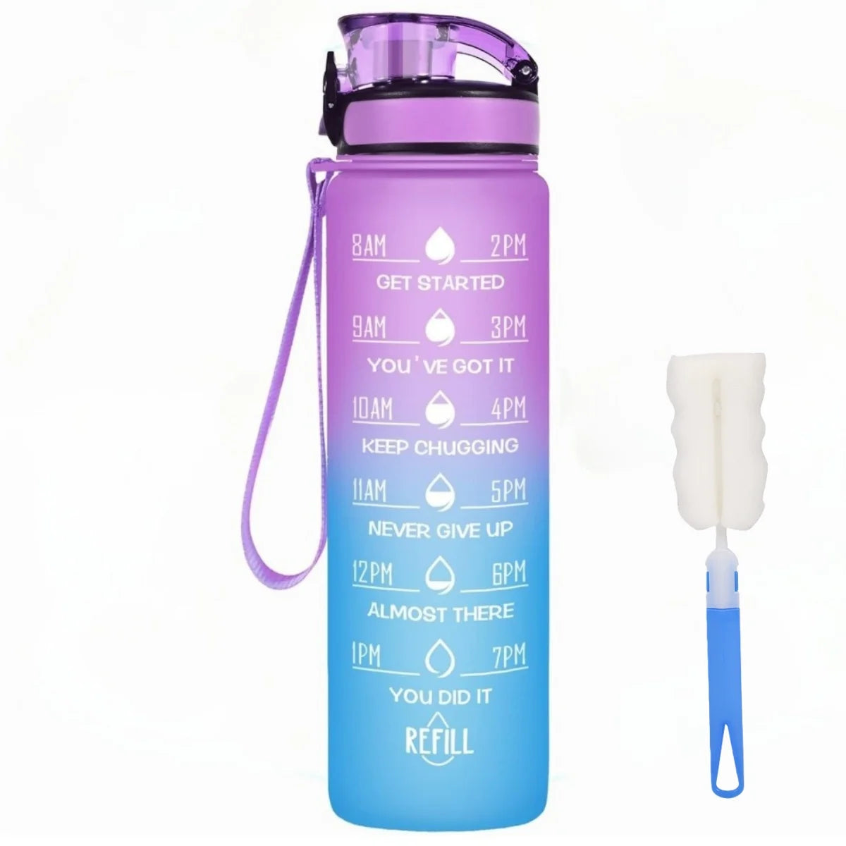 Water Bottle with Times to Drink and Straw