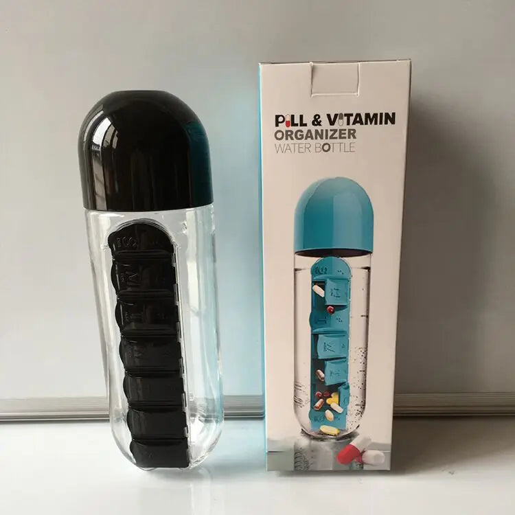 Portable Water Bottle with Built-in Pill Box
