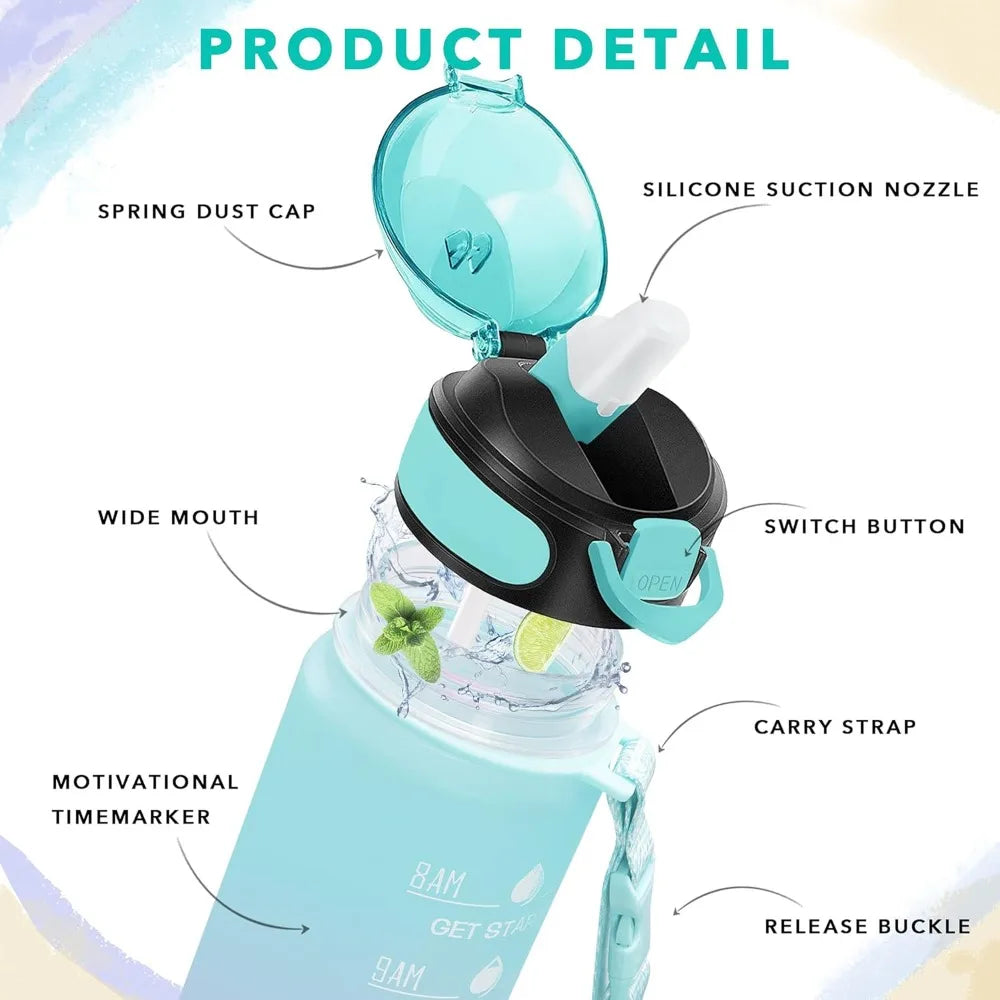Water Bottle with Times to Drink and Straw