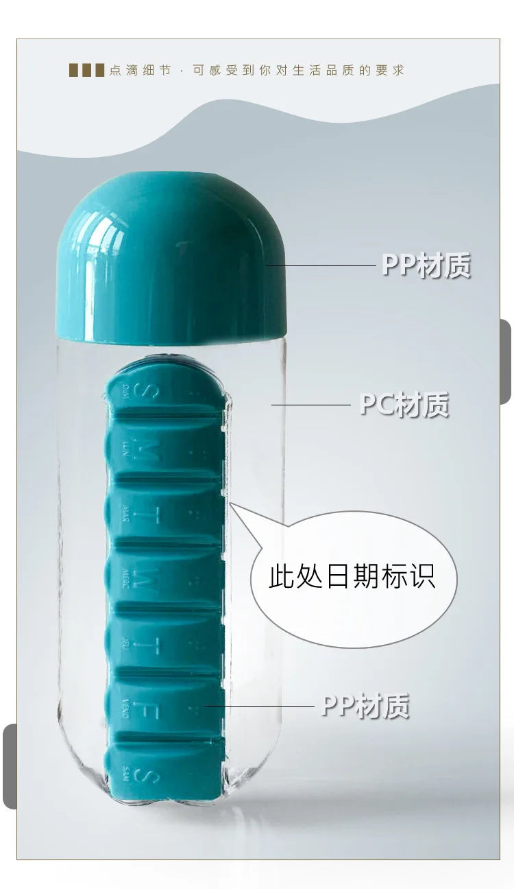 Portable Water Bottle with Built-in Pill Box