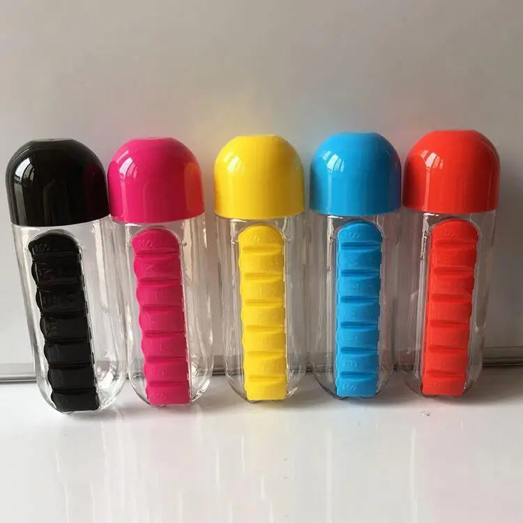 Portable Water Bottle with Built-in Pill Box