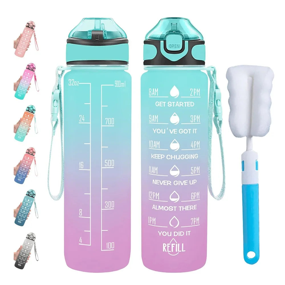 Water Bottle with Times to Drink and Straw