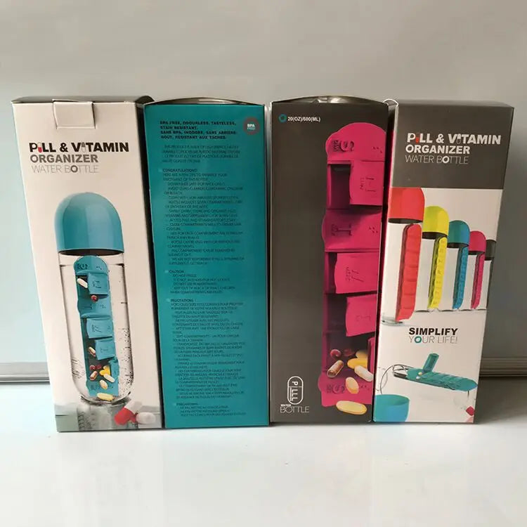Portable Water Bottle with Built-in Pill Box