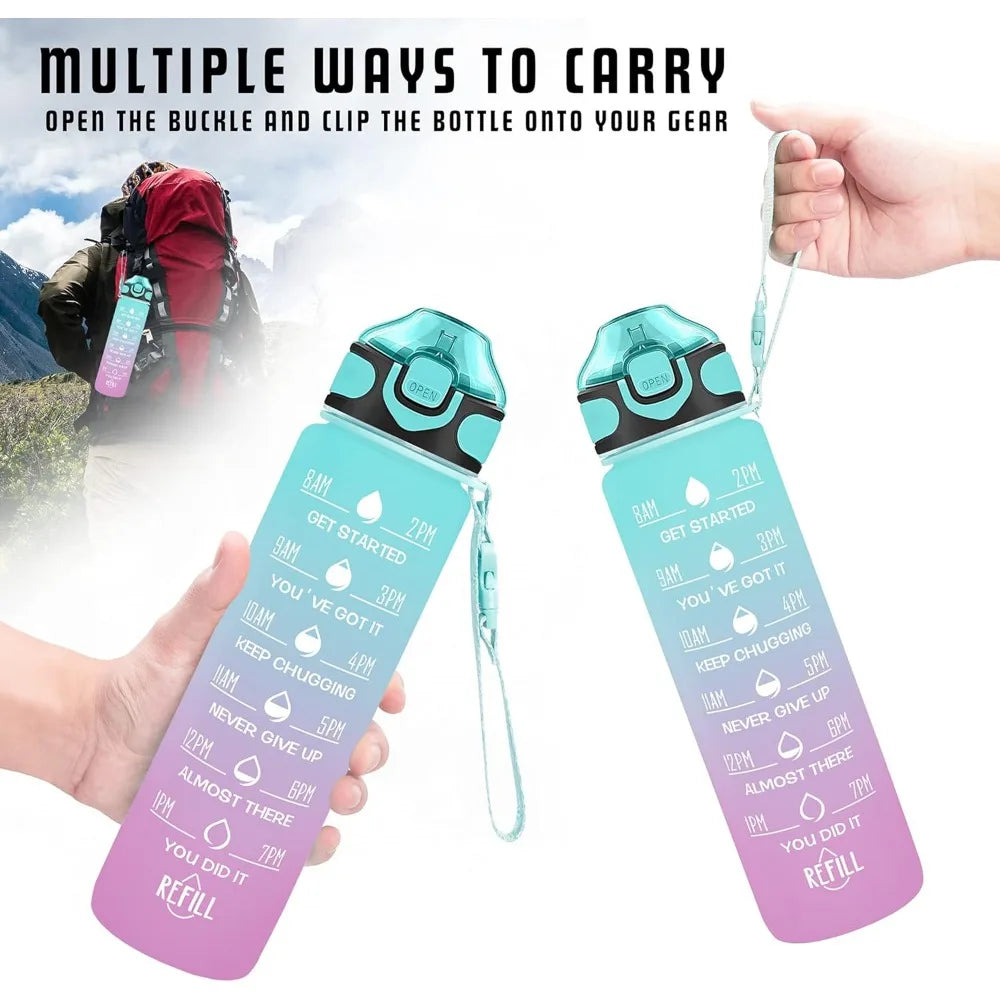 Water Bottle with Times to Drink and Straw