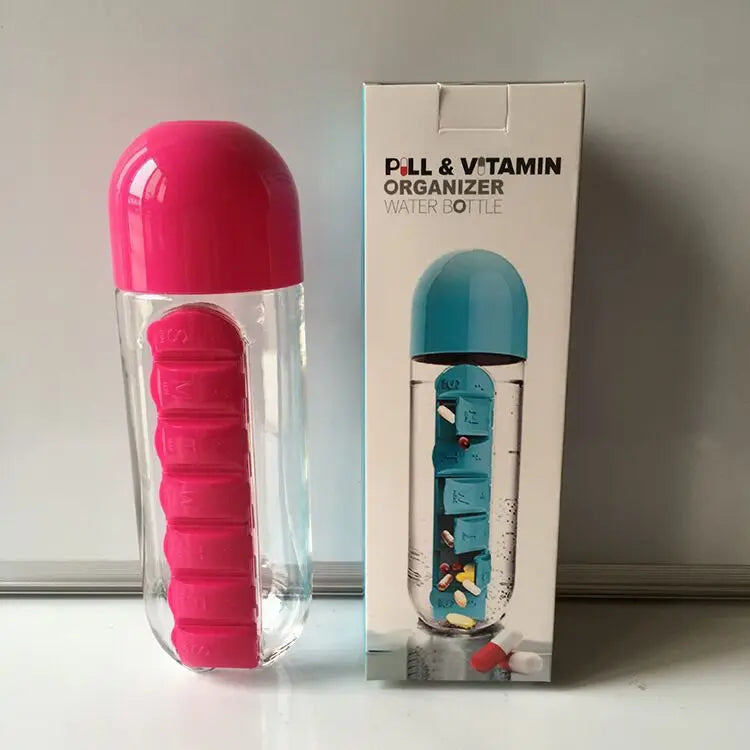 Portable Water Bottle with Built-in Pill Box
